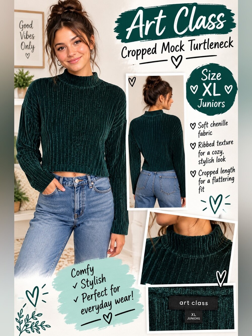 Art Class Teal Ribbed Mock Neck Sweater